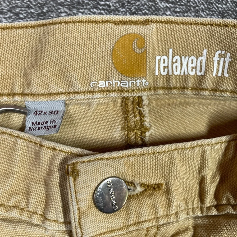 Carhartt Pants Relaxed Fit Double Knee 42x30 Work Pants Tan Distressed Canvas
